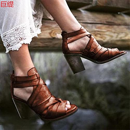 DZQQ Zapatos de Mujer, Sandalias de Cuero con Tiras de Verano para Mujer, Sandalias de cuña para Mujer, Zapatos Informales con Punta Abierta y Tobillo de Talla Grande 35-43