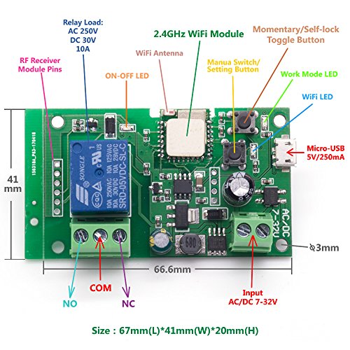 EACHEN WiFi Inlay inalámbrico Relé Momentáneo/Autoblocante Interruptor Inteligente DIY Hogar inteligente Gadget DC 5-32V Entrada Aplicación Ewelink Compatible con Alexa Google Nest IFTTT (ST-DC1)