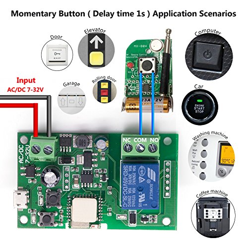 EACHEN WiFi Inlay inalámbrico Relé Momentáneo/Autoblocante Interruptor Inteligente DIY Hogar inteligente Gadget DC 5-32V Entrada Aplicación Ewelink Compatible con Alexa Google Nest IFTTT (ST-DC1)