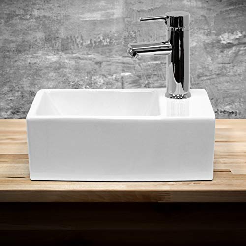 ECD Germany Lavabo Cerámico Cuadrado con Agujero Conexión Estandar - Blanco - Lavamanos sobre Encimera - 350 x 205 x 125 mm - Diseño Moderno - Fregadero sin Juego de Desagüe - Realza Cada Baño o Aseo