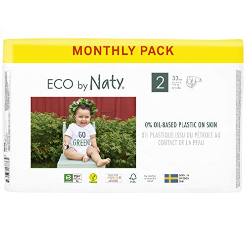 Eco by Naty Pañales, Tamaño 2, 132 unidades, 3-6 kg, suministro para UN MES, Pañal ecológico Premium hecho a base de fibras vegetales. 0% plásticos derivados del petróleo en contacto con la piel