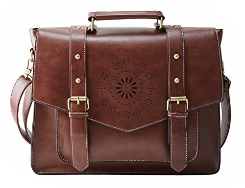 ECOSUSI Bolso de Maletín de Cuero PU para Mujer Bolso de Hombro Bolso de Mensajero para Computadora Portátil Vintage para Mujer Bolso de Trabajo de 14.7 Pulgadas Marrón