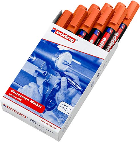 Edding 300 marcador permanente - naranja - 10 rotuladores- punta redonda 1.5-3 mm - resistente al agua, de secado rápido, rotuladores indelebles - para cartón, plástico, vidrio, madera, metal