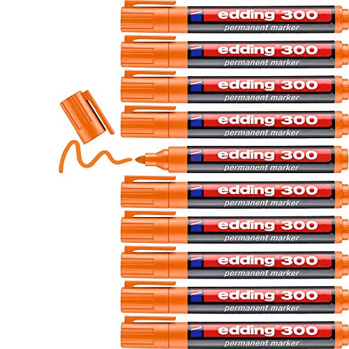 Edding 300 marcador permanente - naranja - 10 rotuladores- punta redonda 1.5-3 mm - resistente al agua, de secado rápido, rotuladores indelebles - para cartón, plástico, vidrio, madera, metal