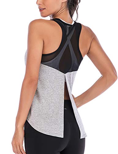 Ekouaer Camiseta deportiva de tirantes para mujer con espalda cruzada, para yoga, fitness, deporte, gris claro, L