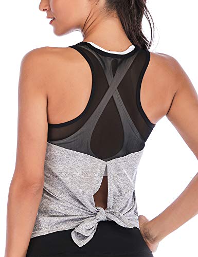 Ekouaer Camiseta deportiva de tirantes para mujer con espalda cruzada, para yoga, fitness, deporte, gris claro, L