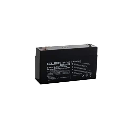 Elbe BP-301 - Batería de Plomo-ácido, 6V 1.3A, sellada, sin Mantenimiento, Vida útil 3-5 años, Recargable, Negro. Valida para multiples usos como juguetes, alarmas o herramientas. Conectores faston F1
