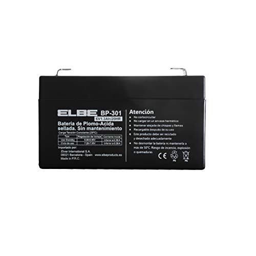Elbe BP-301 - Batería de Plomo-ácido, 6V 1.3A, sellada, sin Mantenimiento, Vida útil 3-5 años, Recargable, Negro. Valida para multiples usos como juguetes, alarmas o herramientas. Conectores faston F1