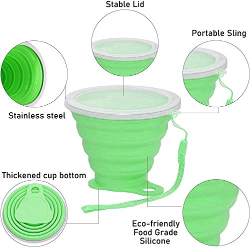 Elezenioc silicona vasos plegables, 2 pcs taza plegable silicona Vaso con Tapa sin BPA Portátil y Reutilizable Taza de taza camping