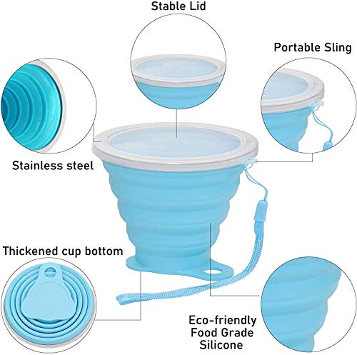 Elezenioc silicona vasos plegables, 2 pcs taza plegable silicona Vaso con Tapa sin BPA Portátil y Reutilizable Taza de taza camping