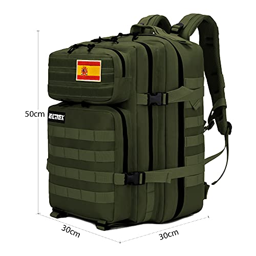 ELITEX Mochila 45L Táctica Militar Bandera España Impermeable Deportiva Caza Aire Libre Deportes Gimnasio Portatil (Verde)