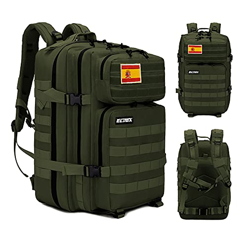 ELITEX Mochila 45L Táctica Militar Bandera España Impermeable Deportiva Caza Aire Libre Deportes Gimnasio Portatil (Verde)