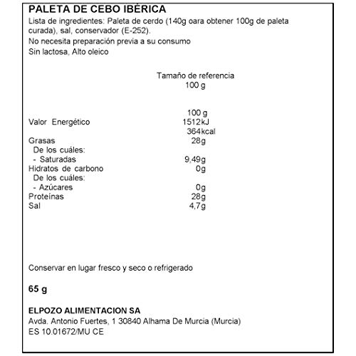 ElPozo Legado Ibérico Maletín De Paleta De Cebo Ibérica (50% Raza Ibérico), Cortado En Medias Lonchas Con Separador, 15 Sobres De 65G, 975g Total, Paleta Ibérica, 65 Gramo