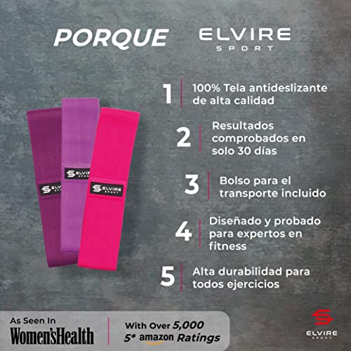 ELVIRE SPORT Bandas Elasticas Musculacion Mujer y Hombre (Set de 3) | Cintas Elasticas Fitness de Tela | Ligas para Ejercicios Gomas Yoga, Pilates, Crossfit, Sentadillas, Fisioterapia