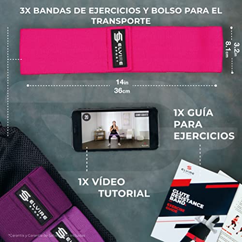 ELVIRE SPORT Bandas Elasticas Musculacion Mujer y Hombre (Set de 3) | Cintas Elasticas Fitness de Tela | Ligas para Ejercicios Gomas Yoga, Pilates, Crossfit, Sentadillas, Fisioterapia