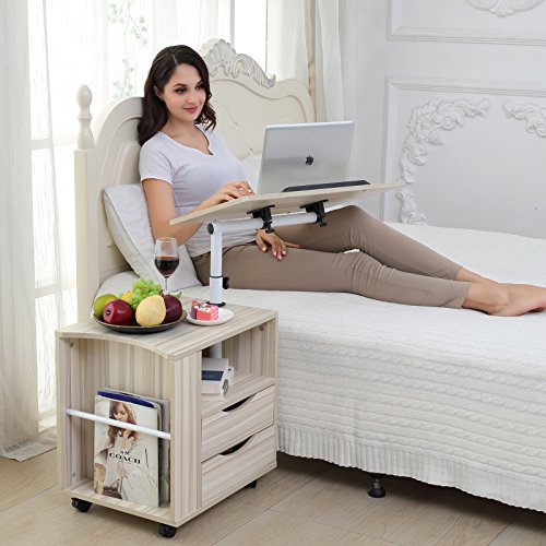Emall Life Mesita de Noche Funcional Mesita de Noche de Madera Ajustable con cajones, Ruedas y Estante Abierto (Arce Blanco)