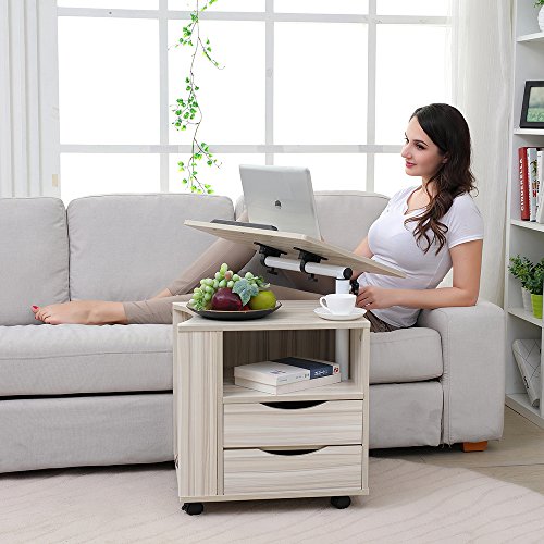 Emall Life Mesita de Noche Funcional Mesita de Noche de Madera Ajustable con cajones, Ruedas y Estante Abierto (Arce Blanco)