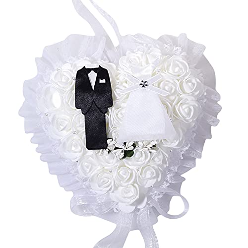 EMFGJ Boda blanca flor niña cesta romántica anillo de boda almohada cojín para decoración de ceremonia de boda, boda, anillo de amor almohada