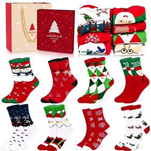 EmooqiSmartPoorer Calcetines Navideños, 8 Pares Calcetines de Algodón de Navidad Mujer Regalo Calcetines Térmicos de Navidad con Exquisita Caja de Regalo y Bolsa de Regalo