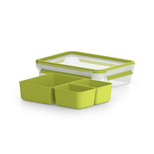 Emsa Clip&Go Snack - Recipiente hermético de plástico con 3 compartimentos y bandeja independiente para comer, totalmente hermético y libre de BPA, 1,20 L, rectangular