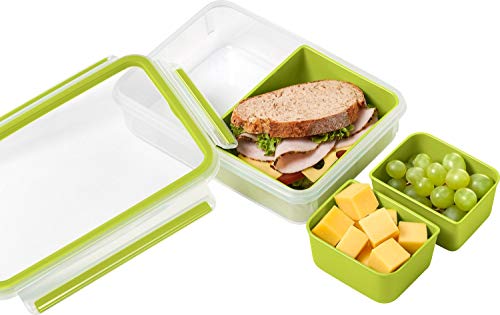Emsa Clip&Go Snack - Recipiente hermético de plástico con 3 compartimentos y bandeja independiente para comer, totalmente hermético y libre de BPA, 1,20 L, rectangular