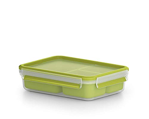 Emsa Clip&Go Snack - Recipiente hermético de plástico con 3 compartimentos y bandeja independiente para comer, totalmente hermético y libre de BPA, 1,20 L, rectangular