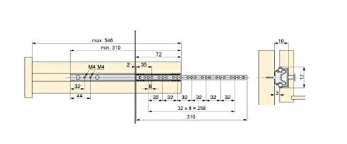 EMUCA Guías Laterales para cajones con rodamiento de Bolas 17mm x 310mm, extracción Parcial, Pack de 5 guías