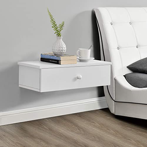 [en.casa] Estante de Pared con Compartimento 60 x 24 x 12,6cm Mesita de Noche de Pared con cajón para Almacenar Blanco