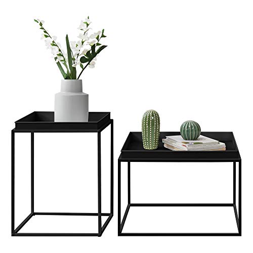 [en.casa] Mesa Bandeja Set de 2 mesas auxiliares 39 x 54,5 x 54,5 cm y 55,5 x 54 x 40 cm Mesa para Servir té o Comida Negro Mate