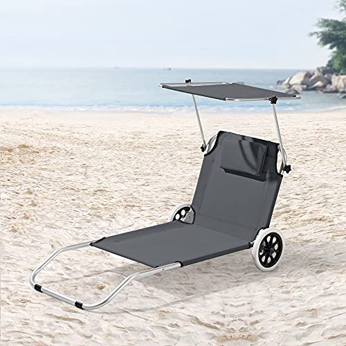 [en.casa] Tumbona con 2 Ruedas Lazkano 150 x 62 cm Silla de Playa con Parasol Respaldo Ajustable para Jardín Terraza Patio Piscina Playa hasta 110 kg Gris Oscuro