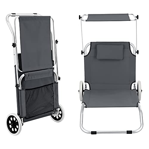 [en.casa] Tumbona con 2 Ruedas Lazkano 150 x 62 cm Silla de Playa con Parasol Respaldo Ajustable para Jardín Terraza Patio Piscina Playa hasta 110 kg Gris Oscuro