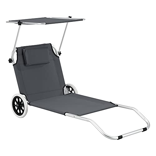 [en.casa] Tumbona con 2 Ruedas Lazkano 150 x 62 cm Silla de Playa con Parasol Respaldo Ajustable para Jardín Terraza Patio Piscina Playa hasta 110 kg Gris Oscuro