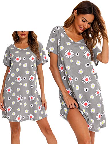 ENJOYNIGHT Camisón de algodón de manga corta para mujer, para verano, ropa de dormir, flores, S-M