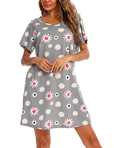 ENJOYNIGHT Camisón de algodón de manga corta para mujer, para verano, ropa de dormir, flores, S-M