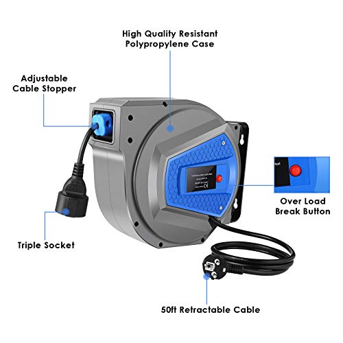 Enrollacables 15m+1m enrollador cable, carrete de cable, tambor de cable, giratorio 180° soporte de pared