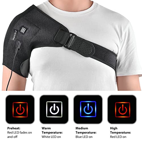 Envoltura de hombros calefactados, 3 ajustes de calor, soporte de soporte de almohadilla de vibración de calefacción para el manguito del rotador, cápsula de juntas y lesión en el tendón de bíceps