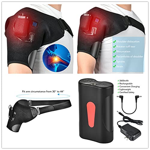 Envoltura de hombros calefactados, 3 ajustes de calor, soporte de soporte de almohadilla de vibración de calefacción para el manguito del rotador, cápsula de juntas y lesión en el tendón de bíceps