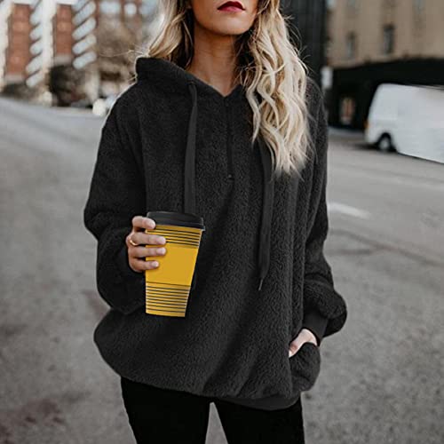 Enwokran Sudadera con Capucha para Mujer con Cremallera, Teddy Fleece Pullover Moda Sudadera con De Forro Polar, De Manga Larga, Monocolor, De Felpa Clásico para Otoño e Invierno (Negro, L)