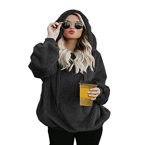 Enwokran Sudadera con Capucha para Mujer con Cremallera, Teddy Fleece Pullover Moda Sudadera con De Forro Polar, De Manga Larga, Monocolor, De Felpa Clásico para Otoño e Invierno (Negro, L)
