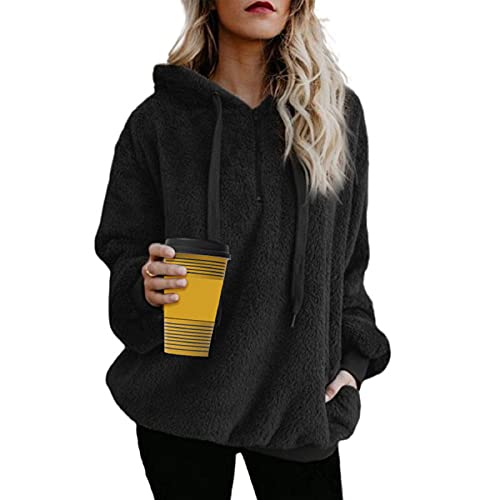 Enwokran Sudadera con Capucha para Mujer con Cremallera, Teddy Fleece Pullover Moda Sudadera con De Forro Polar, De Manga Larga, Monocolor, De Felpa Clásico para Otoño e Invierno (Negro, L)