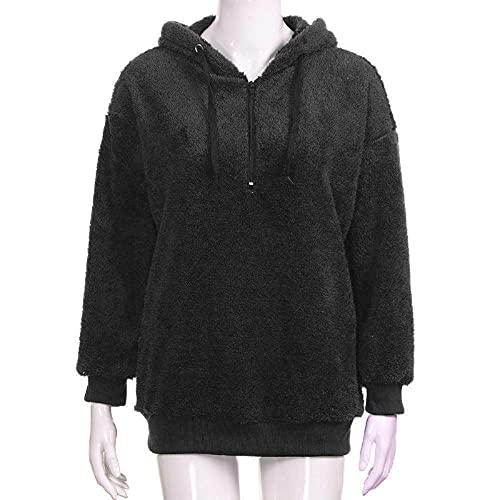 Enwokran Sudadera con Capucha para Mujer con Cremallera, Teddy Fleece Pullover Moda Sudadera con De Forro Polar, De Manga Larga, Monocolor, De Felpa Clásico para Otoño e Invierno (Negro, L)