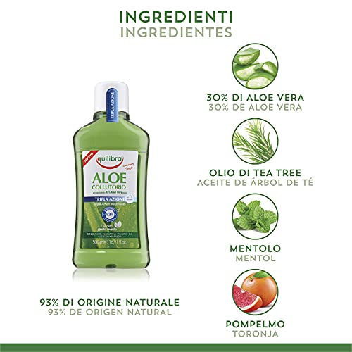 Equilibra Cuidado Bucal, Colutorio Triple Acción a Base de Aloe Vera, Colutorio Calmante que Protege Contra las Bacterias, Contrarresta las Caries, el Sarro y las Enfermedades de las Encías, 500 ml