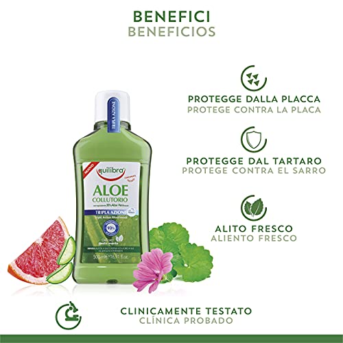 Equilibra Cuidado Bucal, Colutorio Triple Acción a Base de Aloe Vera, Colutorio Calmante que Protege Contra las Bacterias, Contrarresta las Caries, el Sarro y las Enfermedades de las Encías, 500 ml