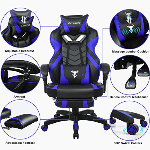 Ergonómica Silla computadora, Masaje Silla Gaming, Silla Gaming con Reposapiés, Silla Gaming Giratoria, Sillones de Oficina para Gamer, E-sports Sillas de juego para jugador, Silla de Racing (Azul)