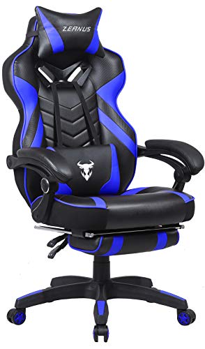 Ergonómica Silla computadora, Masaje Silla Gaming, Silla Gaming con Reposapiés, Silla Gaming Giratoria, Sillones de Oficina para Gamer, E-sports Sillas de juego para jugador, Silla de Racing (Azul)