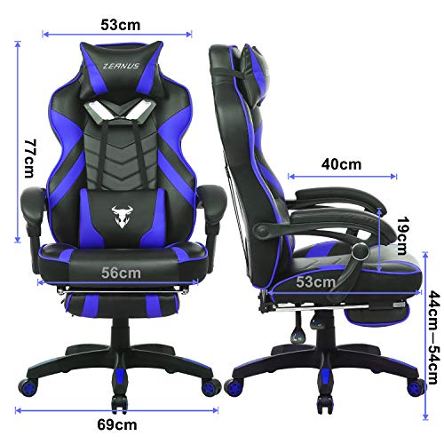 Ergonómica Silla computadora, Masaje Silla Gaming, Silla Gaming con Reposapiés, Silla Gaming Giratoria, Sillones de Oficina para Gamer, E-sports Sillas de juego para jugador, Silla de Racing (Azul)