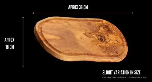 Erreke Tabla de Cortar de Madera Olivo Natural, Pieza Única, Tabla Cocina para Servir, Picar, Carne Barbacoa Queso Pan (39cm largo aprox, con ranura)