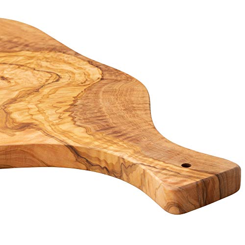 Erreke Tabla de Cortar de Madera Olivo Natural, Pieza Única, Tabla Cocina para Servir, Picar, Carne Barbacoa Queso Pan (40cm Largo Aprox, con Mango)