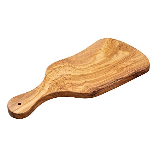 Erreke Tabla de Cortar de Madera Olivo Natural, Pieza Única, Tabla Cocina para Servir, Picar, Carne Barbacoa Queso Pan (40cm Largo Aprox, con Mango)