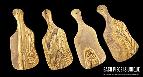 Erreke Tabla de Cortar de Madera Olivo Natural, Pieza Única, Tabla Cocina para Servir, Picar, Carne Barbacoa Queso Pan (40cm Largo Aprox, con Mango)